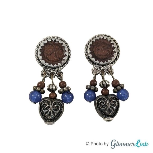 Vintage Oops A Daisy Brown Enamel Blue Beads Ornate Heart Tribal Southwestern St - Picture 2 of 10